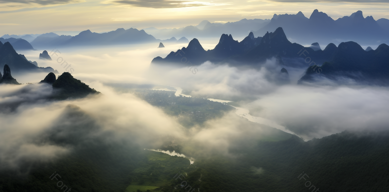 清晨高空云雾缭绕笼盖山峰和被群山环绕的漓江,高清,摄影图,摄影图片,图片大全,摄影图免费下载
